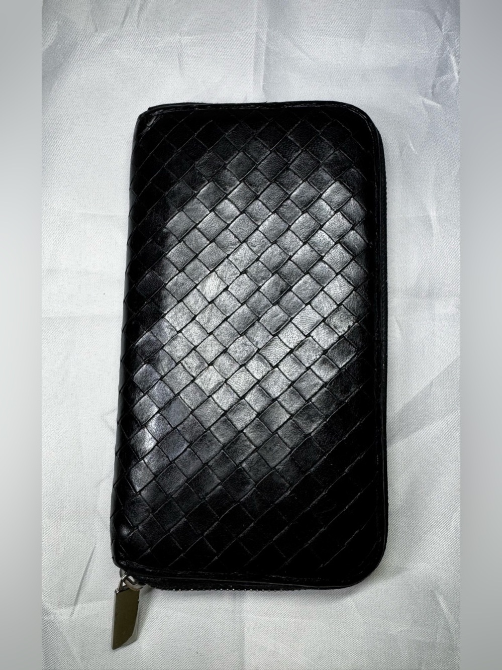 Bottega Veneta Black Intrecciato Zip Womens  Black Leather Wallet Pre-owned